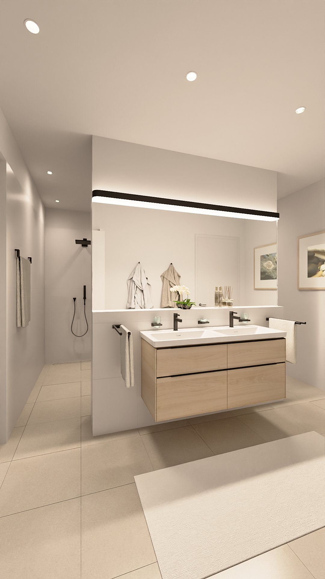 Designer-Bad mit Doppelwaschtisch und Walk-in-Dusche