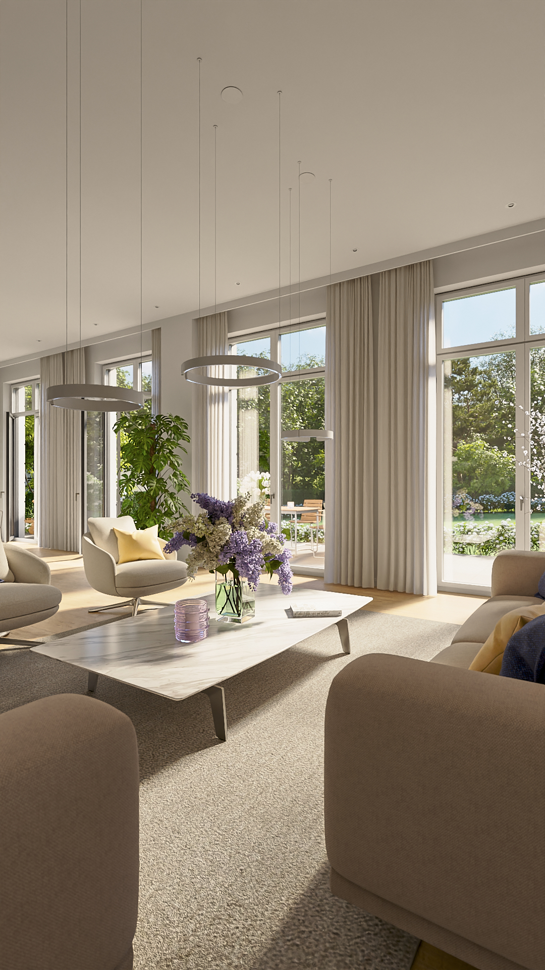 Wohnbereich Residenz I — bodentiefe Fenster und Gartenzugang
